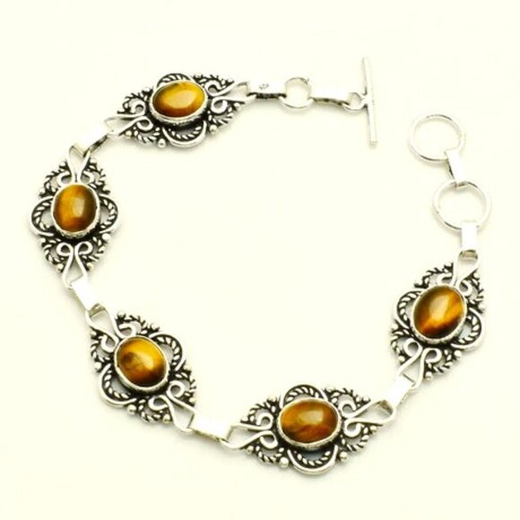 Tiger Eye Gemstone Sterling Silver Bracelet Jewelry 24 Gms - Picture 1 of 1